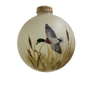 Hand Painted Mallard Ducks Flying Cattails Glass Christmas Ornament Beebe Hopper